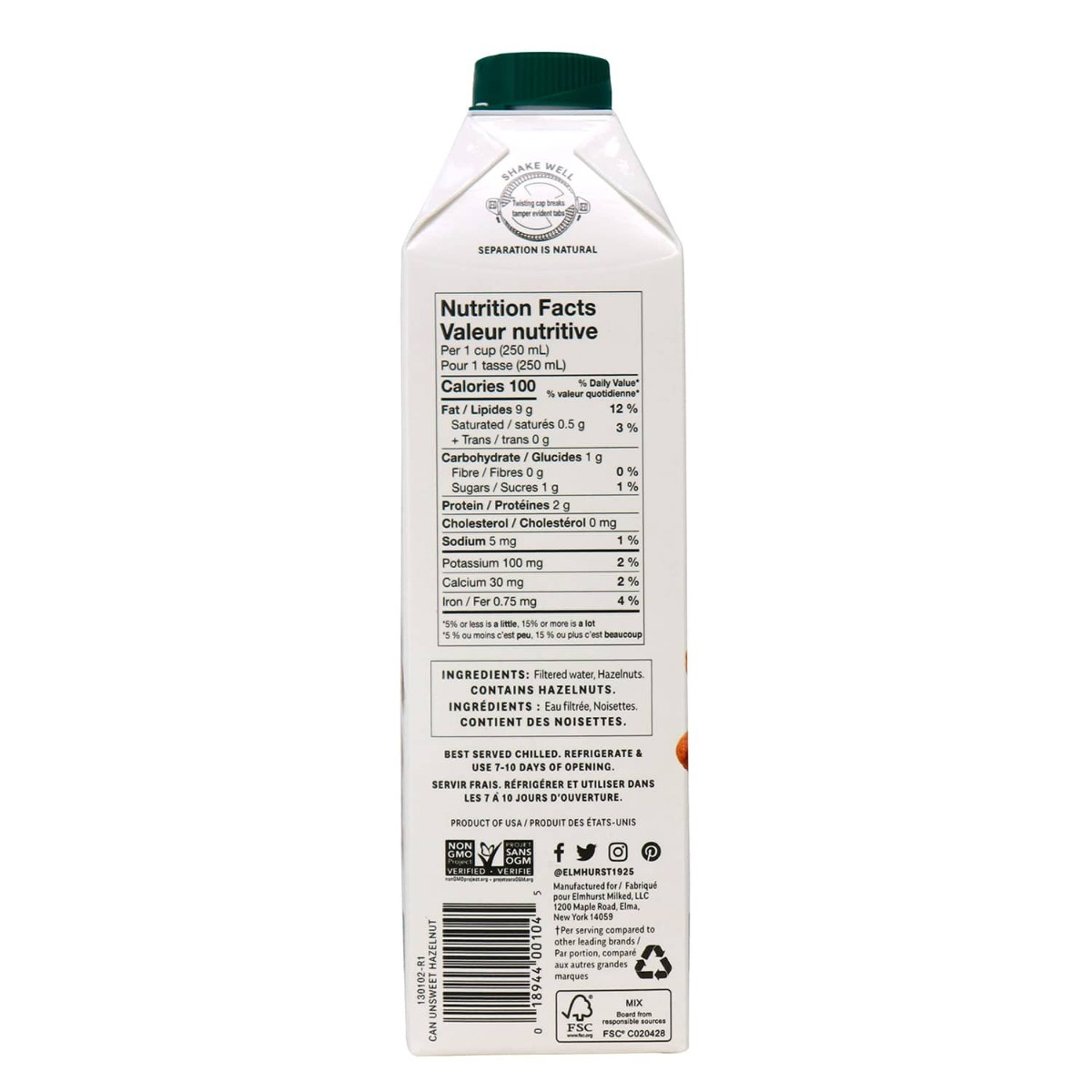 Elmhurst Unsweetened Hazelnut Milk, 946ml - Image 2